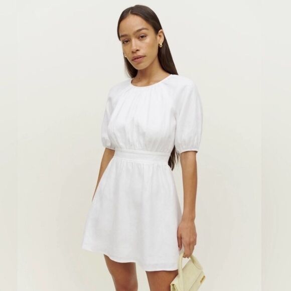 Reformation Irwin linen Puff Sleeve Mini Dress White Size 6 - Picture 5 of 9